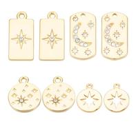 SUNNYCLUE 1 Box 16Pcs Real 18K Gold Plated Alloy Celestial Star Charms Metal Rectangle Charm with Crystal Rhinestones Round Shape Moon Pendants for Jewellery Making Earrings Necklace DIY Crafts Gifts