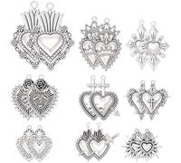 SUNNYCLUE 1 Box 18Pcs 9 Styles Sacred Heart Charms Gothic Heart Charms Metal Love Shaped Tibetan Style Antique Silver Dangle Pendants for Jewellery Making Valentines Day Necklaces DIY Crafts Supplies