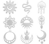 SUNNYCLUE 1 Box 18Pcs 9 Styles Tarot Charms Bulk Silver Sun and Moon Charms Stainless Steel Vintage Snake Sunflower Divination Good Luck Pendants for Jewelry Making Findings Necklace Crafts DIY Adult