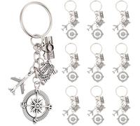 SUNNYCLUE 1 Box 20 Sets Airplane Keychains Bulk Travel Key Chains Pack Metal Silver Pilot Journey Passport Aircraft Camera Compass Charms for Backpacks Party Wedding Favor Diy Keys Handbag Supplies