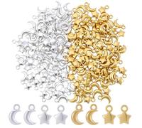 SUNNYCLUE 1 Box 200Pcs 4 Styles Moon Star Charms Mini Stars Charm Bulk Gold Silver Small Pentagram Celestial Crescent Charms for Jewellery Making Necklaces Bracelets Earrings DIY Crafts Women Adults