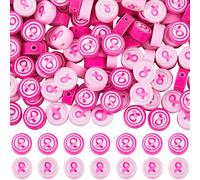 SUNNYCLUE 1 Box 200Pcs Pink Ribbon Beads Flat Round Polymer Clay Beads Bulk Soft Women Breast Cancer Awareness Hope Handmade Loose Spacers for Jewellery Making Bracelet Keychain DIY Crafts Accessories