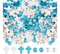 SUNNYCLUE 1 Box 200Pcs White Cross Beads Blue Stone Beads Bulk Mini Small Blue Synthetic Turquoise Easter Pocket Crosses 8mm Round Loose Spacer Bead for Jewellery Making Beading Kits DIY Craft