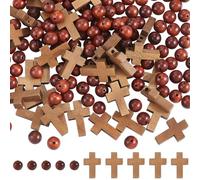 SUNNYCLUE 1 Box 200Pcs Wood Cross Beads Bulk Wooden Cross Rosary Beads 8mm Round Brown Spacers Mini Crucifix Crosses Charms Rosary Bead Kit for Jewellery Making Supplies DIY Bracelet Necklace Crafts