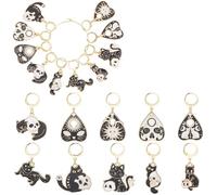 SUNNYCLUE 1 Box 20Pcs 10 Styles Cat Knitting Marker Halloween Stitch Markers Metal Alloy Enamel Black Skull Heart Divination Card Leverback Crochet Charms for Weaving Quilting Jewelry DIY Crafting