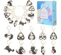 SUNNYCLUE 1 Box 20Pcs 10 Styles Cat Knitting Marker Halloween Stitch Markers Metal Alloy Enamel Black Skull Heart Divination Card Leverback Crochet Charms for Weaving Quilting Jewellery DIY Crafting