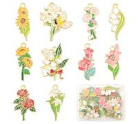 SUNNYCLUE 1 Box 20Pcs 10 Styles Enamel Flower Charm Gold Floral Charms Bulk Metal Alloy Spring Sunflower Lily Rose Lily of The Valley Pendants for Jewellery Making Necklace Bracelet Earring DIY Craft