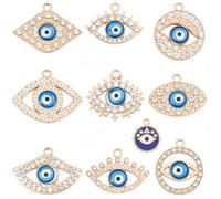 SUNNYCLUE 1 Box 20Pcs 10 Styles Evil Eye Crystal Charm Evil Eye Rhinestone Charm Bulk Alloy Metal Antique Gold Blue Round Turkish Dangle Pendants for Jewellery Making DIY Craft Necklaces Earrings