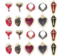 SUNNYCLUE 1 Box 20Pcs 10 Styles Gothic Enamel Charms Halloween Themed Charms Bulk Gold Silver Alloy Red Black Heart Cross Bat Pendants for Jewellery Making Earrings Bracelets DIY Crafts Accessories