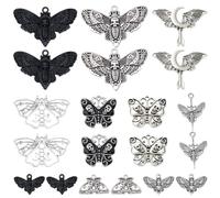 SUNNYCLUE 1 Box 20Pcs 10 Styles Gothic Moth Charms Halloween Charms Bulk Metal Silver Black Skull Skeleton Moon Butterfly Moths Pendants for Jewelry Making Gothic Holiday Necklace Earrings Supplies