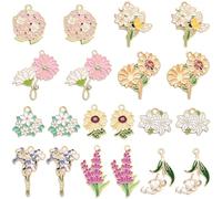 SUNNYCLUE 1 Box 20Pcs 10 Styles Hydrangea Flower Charm Lavender Charms Bulk Alloy Enamel Spring Floral Blossom Lily Sunflower Daisy Pendants for Jewelry Making DIY Necklace Bracelet Earring Supplies
