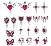 SUNNYCLUE 1 Box 20Pcs 10 Styles Red Gothic Charm Halloween Enamel Charms Bulk Antique Silver Metal Alloy Holiday Skull Cross Heart Bat Pendants for Jewellery Making Earring Necklace DIY Craft Findings
