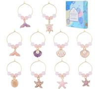 SUNNYCLUE 1 Box 20Pcs 10 Styles Sea Wine Charms Beaded Wine Glass Charms Enamel Pink Beads Summer Ocean Animals Turtle Starfish Identifier Drinks Tags for Wedding Gift Party Favor Decor Supplies