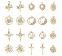 SUNNYCLUE 1 Box 20Pcs 10 Styles Sun and Moon Charms Star Charms Bulk Gold Alloy Rhinestone Cubic Zirconia Celestial Sky Round Charm for Jewellery Making Charms Valentine's Day DIY Earrings Necklace