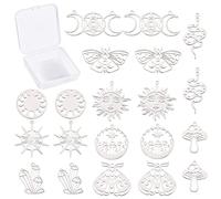 SUNNYCLUE 1 Box 20Pcs 10 Styles Tarot style Mushroom Snake Sun Moth Beetle Prism Charms Pendants Stainless Steel Stamping Blank Tag Pendants Charms for DIY Earrings Necklace Bracelet