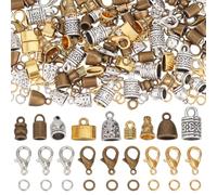 SUNNYCLUE 1 Box 210pcs Leather End Caps Kumihimo Bead Caps Vintage Antique Golden Silver Tube Barrel Rope Tassel Cord Ends Terminal Kits Lobster Clasp Open Rings for Jewellery Making Kit Women