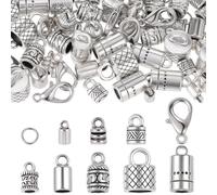 SUNNYCLUE 1 Box 230pcs Leather Cord Ends Kumihimo Cord Ends Alloy Vintage Antique Silver Glue In Crimp End Caps with Lobster Clasps Jump Rings for Jewellery Making Kit Bracelet Accessories Craftings