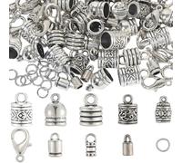 SUNNYCLUE 1 Box 230pcs Silver Cord End Kumihimo Bracelet Ends Antique Silver Alloy Metal Glue In Crimp Tassel Leather Cord String End Caps with Lobtser Clasp And Jump Ring for Jewellery Making Kit