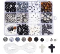 SUNNYCLUE 1 Box 230Pcs Small Cross Beads Round Gemstone Beads Easter Map Stone Obsidian Black Silk Stone Crackle Agate Tiger Eye White Jade Turquoise Crucifix Spacer Bead for Jewellery Making Crafts