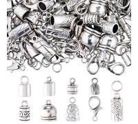 SUNNYCLUE 1 Box 230pcs Tassel Cord End Caps Kumihimo Cord Ends Antique Silver Tibetan Crimp Glue in Barrel Leather Thread End Terminator Tips with Lobster Clasp for Jewelry Making Kits Bracelets DIY