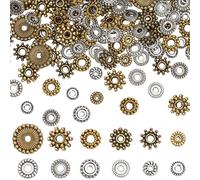 SUNNYCLUE 1 Box 240Pcs 12 Styles Tibetan Metal Beads Flat Bead Spacers Alloy Large Hole Wheel Round Mixed Shapes Vintage Retro Loose Spacers Findings for Jewellery Making Bracelets Necklaces DIY Craft