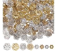 SUNNYCLUE 1 Box 240Pcs 8 Styles Metal Flower Beads Floral Bead Caps Gold Silver Alloy Tibetan Antique Hollow Flowers End Charm Spacers for Jewellery Making Bracelets Necklace DIY Crafts Accessories