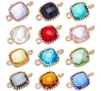 SUNNYCLUE 1 Box 24Pcs 12 Colors Glass Connector Charms Gold Crystal Charm Bulk Square Cubic Golden Plated Brass Loops Birthstone Linking Charms for jewellery Making Charms Earrings Bracelets DIY Craft
