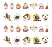 SUNNYCLUE 1 Box 24Pcs 12 Style Halloween Themed Charms: Witch, Pumpkin, Ghost, Black Cat, Fairy Magic Charm for DIY Earrings, Bracelet, Necklace Craft