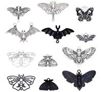 SUNNYCLUE 1 Box 24Pcs 12 Styles Gothic Alloy Charms Assorted Goth Charms Bulk Moth Bats Black Silver Metal Animal Halloween Pendants for Jewellery Making DIY Bracelet Necklace Crafting Supplies Women
