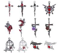SUNNYCLUE 1 Box 24Pcs 12 Styles Gothic Cross Charm Bird Cage Charms Vintage Alloy Metal Rose Birdcage Butterfly Heart Pendants for Jewelry Making Crafts Keychain Bracelet Earrings Necklace Halloween
