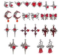 SUNNYCLUE 1 Box 24Pcs 12 Styles Gothic Heart Charms Red Goth Charms Alloy Rhinestone Crystal Retro Cross Bow Star Rose Dangle Pendants Findings for Jewelry Making Bracelet Necklace Earring DIY Crafts