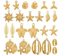 SUNNYCLUE 1 Box 24Pcs 12 Styles Real 18K Gold Plated Ocean Charm Bulk Stainless Steel Sea Charms Metal Summer Beach Animal Turtle Starfish Charm for Jewellery Making Charms DIY Crafts Earring Bracelet