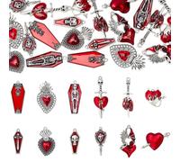 SUNNYCLUE 1 Box 24Pcs 12 Styles Red Gothic Charms Metal Goth Charms Silver Alloy Sacred Heart Skull Coffin Halloween Pendants for Jewellery Making Supplies DIY Crafting Necklace Bracelet Earring Women