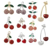 SUNNYCLUE 1 Box 24Pcs 12 Styles Rhinestone Cherry Charm Summer Fruit Charms Bulk Gold Silver Metal Alloy Sparkling Red Cherries Shaped Pendants for Jewellery Making Bracelets DIY Crafts Accessories