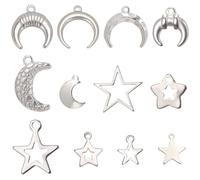 SUNNYCLUE 1 Box 24Pcs 12 Styles Silver Moon Charm Pentagram Charms Stainless Steel Metal Hollow Cattle Horn Sky Celestial Pendants for Jewellery Making Findings DIY Necklaces Earrings Crafts Women
