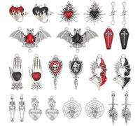 SUNNYCLUE 1 Box 24Pcs 19 Styles Gothic Halloween Charms Goth Enamel Charms Spooky Skull Bat Wing Black Red Scary Pendants for Jewellery Making Supplies DIY Crafting Necklace Bracelet Earring Women