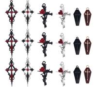 SUNNYCLUE 1 Box 24Pcs 6 Styles Flower Crucifix Charm Red Cross Charms Bulk Metal Brass Enamel Rhinestone Gothic Halloween Black Rose Crosses Charm for jewellery Making Charms Necklace Earrings DIY Cra