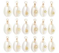 SUNNYCLUE 1 Box 24Pcs 6 Styles Gold Cowrie Shell Charm Natural Seashell Charms Bulk Summer Ocean Beach Themed Sun Moon Star Pendants with Copper Wire Hoop for Jewellery Making Earrings DIY Crafting