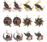 SUNNYCLUE 1 Box 24pcs 6 styles Halloween Charms Black Raven Charms Enamel Gothic Sun Moon Rose Crow Scary Horror Skull Charm For Jewellery Making Women Bracelets Necklaces Party Home Supplies Crafting