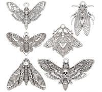 SUNNYCLUE 1 Box 24pcs 6 Styles Silver Moth Charms Moon Moth Charms Halloween Alloy Antique Tibetan Style Gothic Butterfly Insect Pendants for Jewelry Making Women Keychain Crafting DIY Accessories