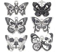 SUNNYCLUE 1 Box 24pcs 6 styles Skull Butterfly Charm Gothic Butterfly Charm | Halloween Antique Silver Black Tibetan Hollow Skull Head Skeleton Moth Pendants for Jewellery Making Crafts Accessories