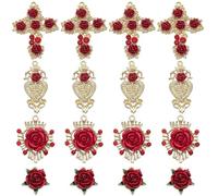 SUNNYCLUE 1 Box 24Pcs Baroque Rose Charms Alloy Gold Flower Charm Scared Heart Valentine's Day Red 3D Cross Roseflower Charm for Jewelry Making Charms DIY Necklace Bracelet Crafting Earring Decor