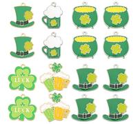 SUNNYCLUE 1 Box 24Pcs St. Patrick's Day Charms Green Shamrock Charm Enamel Hat Beer Luck 4 Leaf Clover Irish Holiday Lucky Charm for jewellery Making Charms Supplies DIY Necklaces Bracelets Earrings