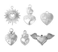 SUNNYCLUE 1 Box 24Pcs Valentines Day Sacred Heart jewellery Charms Stainless Steel Hearts Charm Crown of Thorns Devotion Fly Wings for jewellery Making Christmas Easter