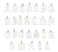 SUNNYCLUE 1 Box 26 Alphabet Letter Charms Stainless Steel A-Z Flatback Metal ABC Hollow Gothic Tibetan Style Pendants Mini Initials Beads with Hole for Personalized Jewelry Supplies, Silver
