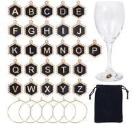 SUNNYCLUE 1 Box 26 Set 26 Styles Letter Wine Charm Alphabet Drink Charms Gold Alloy Enamel Hexagon Black A to Z Initial Identifier Tags Brass Rings with Velvet Bags for Stem Glasses Tasting Party