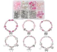 SUNNYCLUE 1 Box 273Pcs DIY 6 Sets Bracelet Making Kits Pink Bow Bead Bowknot Charm Romantic Love Kawaii Butterfly Moon Charms Star Glass Loose Spacer Beads for Jewellery Making Kits Adult Women Gifts