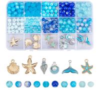 SUNNYCLUE 1 Box 274Pcs Glass Beads Kit Ocean Beads Hawaii Summer Sea Shell Starfish Fishtail Charms Round Spacer Loose Bead Blue Beads for Jewellery Making Kits Adult DIY Bracelets Necklace Supplies