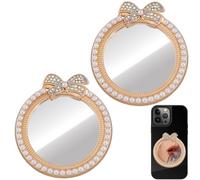 SUNNYCLUE 1 Box 2Pcs Makeup Mirror Phone Case Small Pocket Makeup Mirror 6cm Gold Rhinestones Bow Imitation Pearl with Double-sided Decal Stick on Back of Phone Charms for DIY Cellphone Case Back