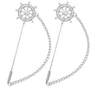 SUNNYCLUE 1 Box 2Pcs Nautical Lapel Pins Compass Brooch Pin Silver Rhinestone Glossy Polishing Summer Sea Rudder Metal Collar Safety Brooches with Hanging Chain for Women Men Cloth Suit Shirt Collar